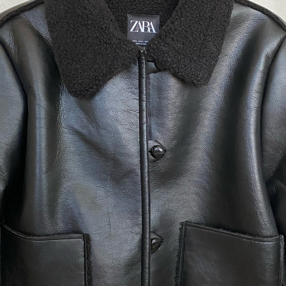 Zara Double Faced Leather Style and Sherpa Trim Jacket in Black - Picture 4 of 13